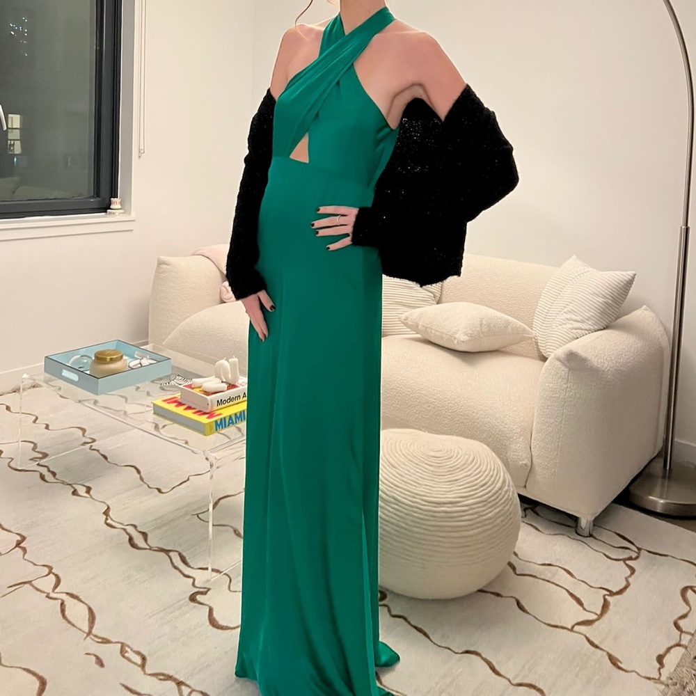 Green silk intermix halter dress floor length in XS